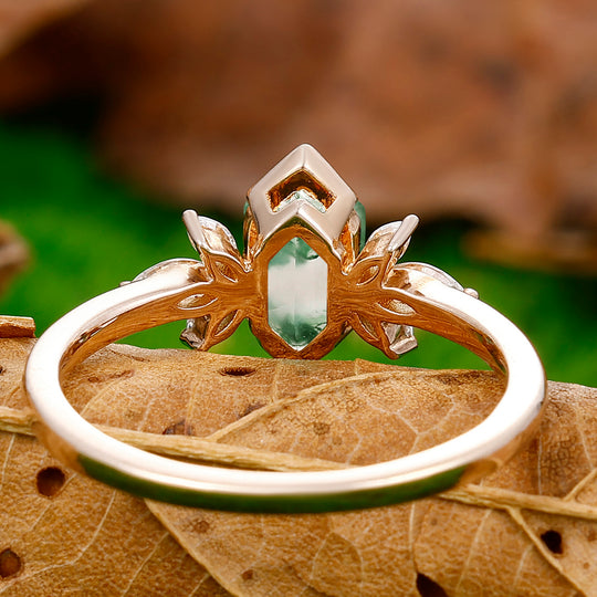 Classic Long Hexagon Cut Moss Agate Ring Marquise Moissanite Inlay Promise Ring