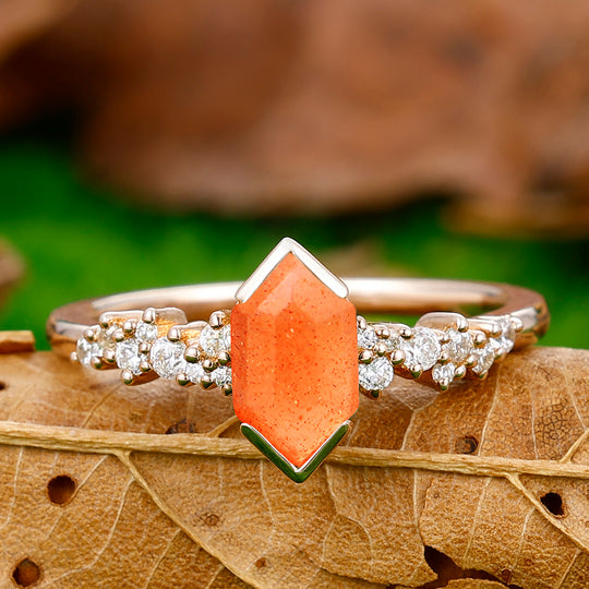 Artsy Elongated Hexagon Cut Sunstone Engagement Ring Promise Bridal Ring