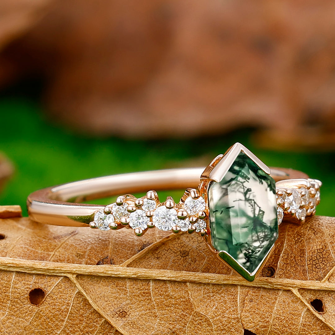 Artsy Elongated Hexagon Cut Moss Agate Engagement Ring Promise Bridal Ring