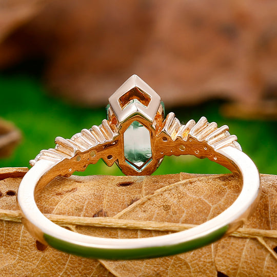 Artsy Elongated Hexagon Cut Moss Agate Engagement Ring Promise Bridal Ring