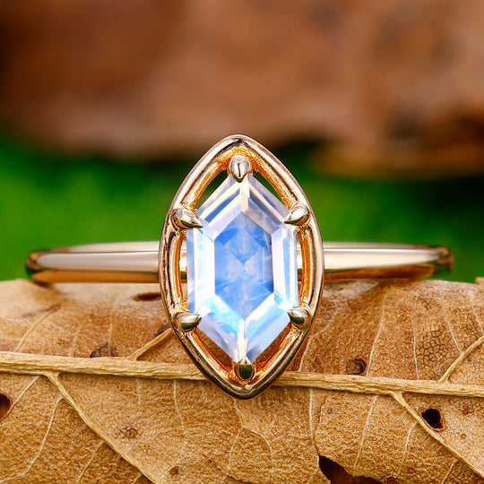 Solitaire 6 Prongs 1.1CT Long Hexagon Cut Moonstone Ring Promise Bridal Ring