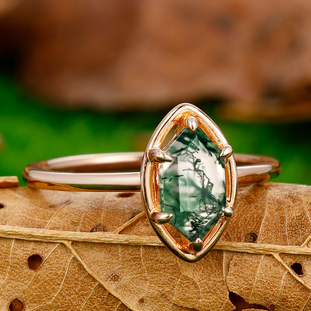 6 Prongs Solitaire Long Hexagon Cut Moss Agate Engagement Ring Anniversary Ring