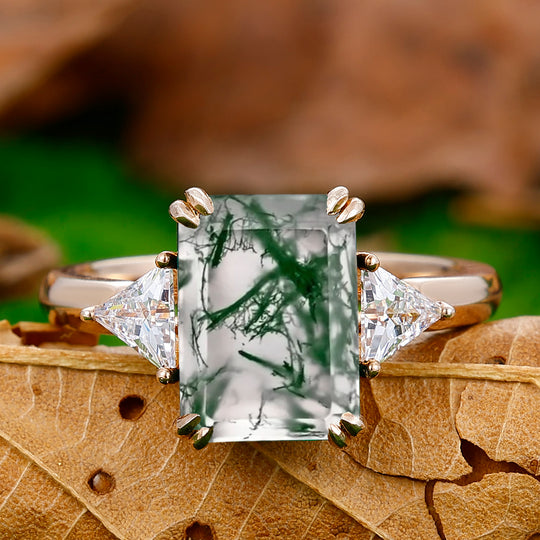 Dainty Double Prongs Emerald Cut Moss Agate Engagement Ring Bridal Ring Gift