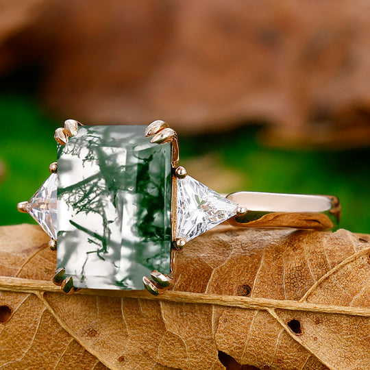 Dainty Double Prongs Emerald Cut Moss Agate Engagement Ring Bridal Ring Gift