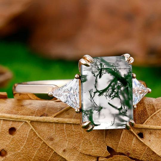 Dainty Double Prongs Emerald Cut Moss Agate Engagement Ring Bridal Ring Gift