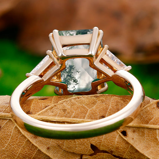 Dainty Double Prongs Emerald Cut Moss Agate Engagement Ring Bridal Ring Gift