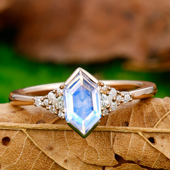 1.1 Carat Long Hexagon Cut Moonstone Ring Milgrain Moissanite Promise Ring