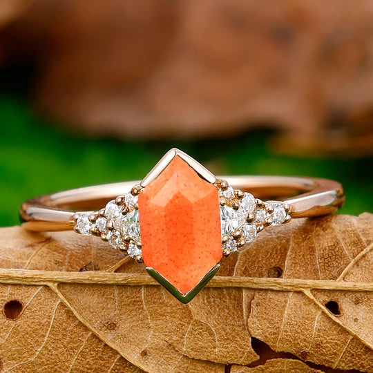 1.1 Carat Long Hexagon Cut Sunstone Ring Milgrain Moissanite Anniversary Ring