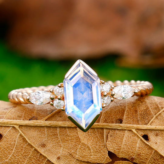 Classic Long Hexagon Cut Moonstone Engagement Ring Unique Twisted Rope Ring