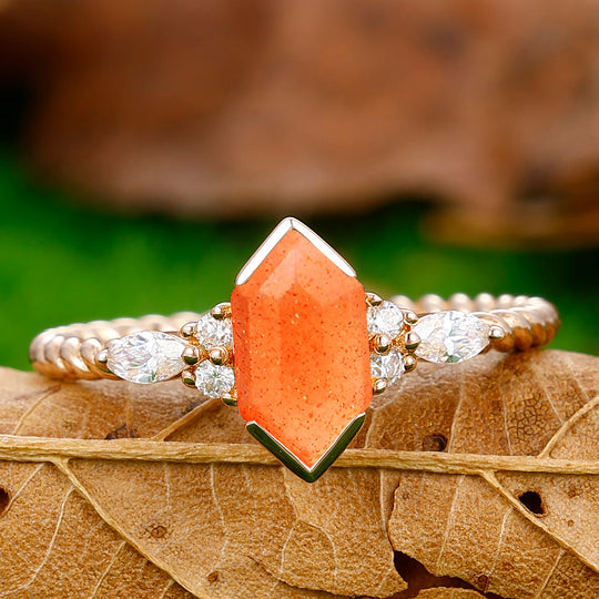 Classic Long Hexagon Cut Sunstone Engagement Ring Unique Twisted Rope Ring