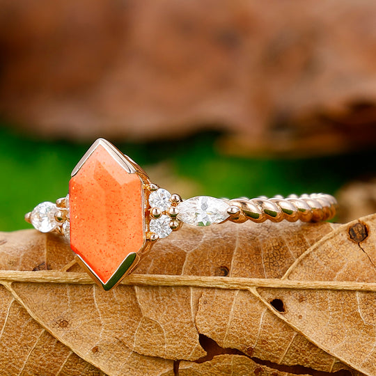 Classic Long Hexagon Cut Sunstone Engagement Ring Unique Twisted Rope Ring