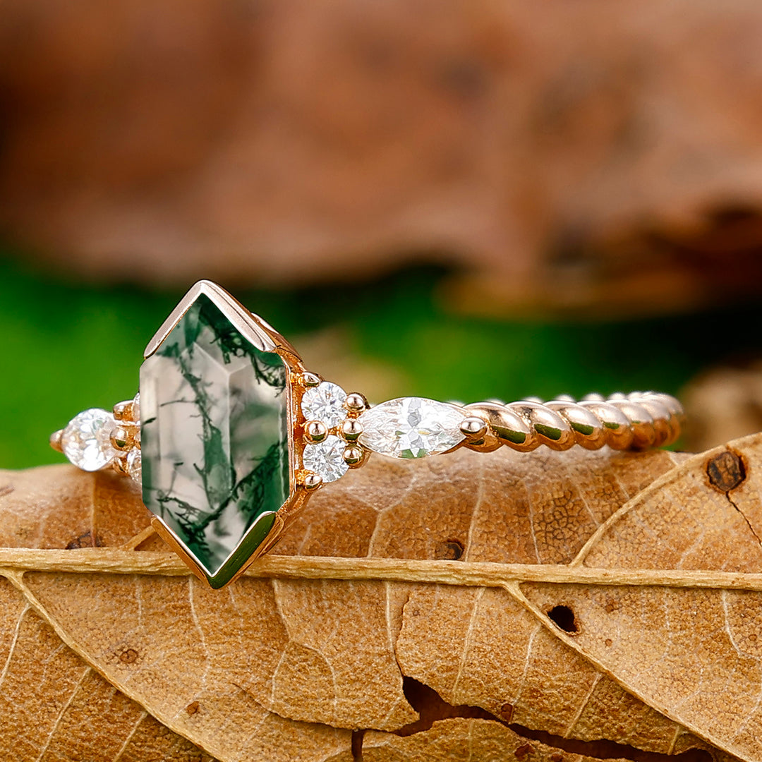 Classic Long Hexagon Cut Moss Agate Engagement Ring Unique Twisted Rope Ring