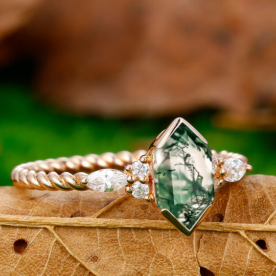 Classic Long Hexagon Cut Moss Agate Engagement Ring Unique Twisted Rope Ring