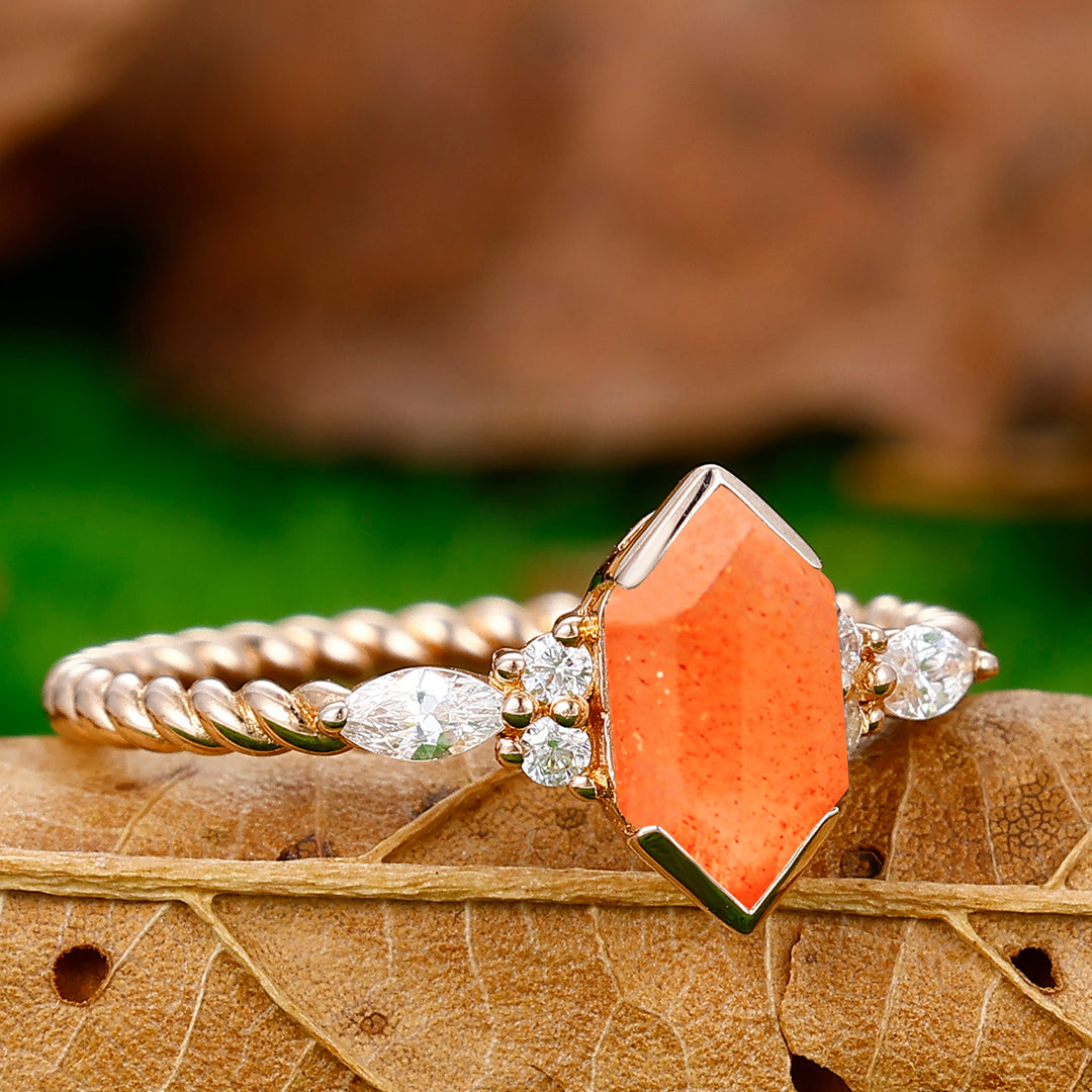 Classic Long Hexagon Cut Sunstone Engagement Ring Unique Twisted Rope Ring