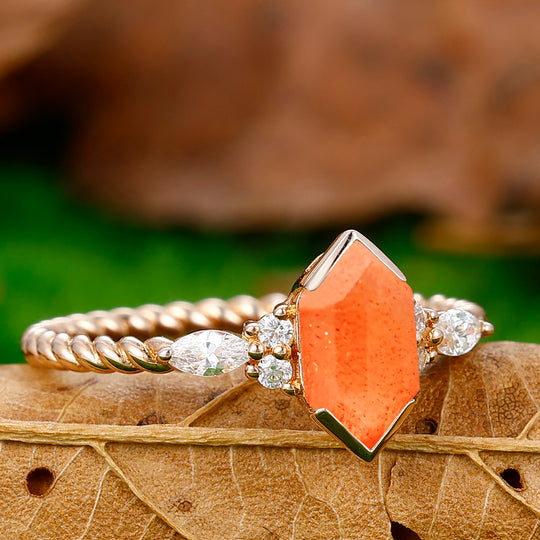 Classic Long Hexagon Cut Sunstone Engagement Ring Unique Twisted Rope Ring