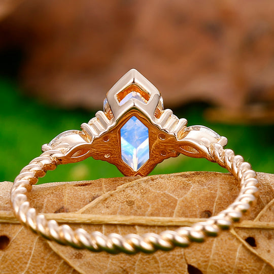 Classic Long Hexagon Cut Moonstone Engagement Ring Unique Twisted Rope Ring