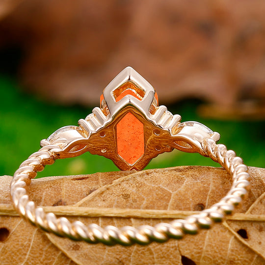 Classic Long Hexagon Cut Sunstone Engagement Ring Unique Twisted Rope Ring