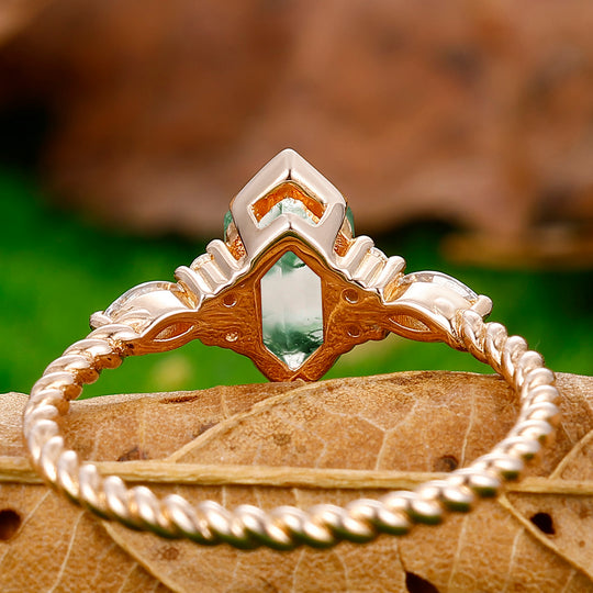 Classic Long Hexagon Cut Moss Agate Engagement Ring Unique Twisted Rope Ring