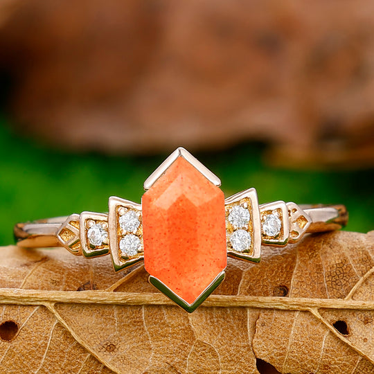 Unique 1.1CT Elongated Hexagon Cut Sunstone Ring Moissanite Inlay Engagement Promise Ring