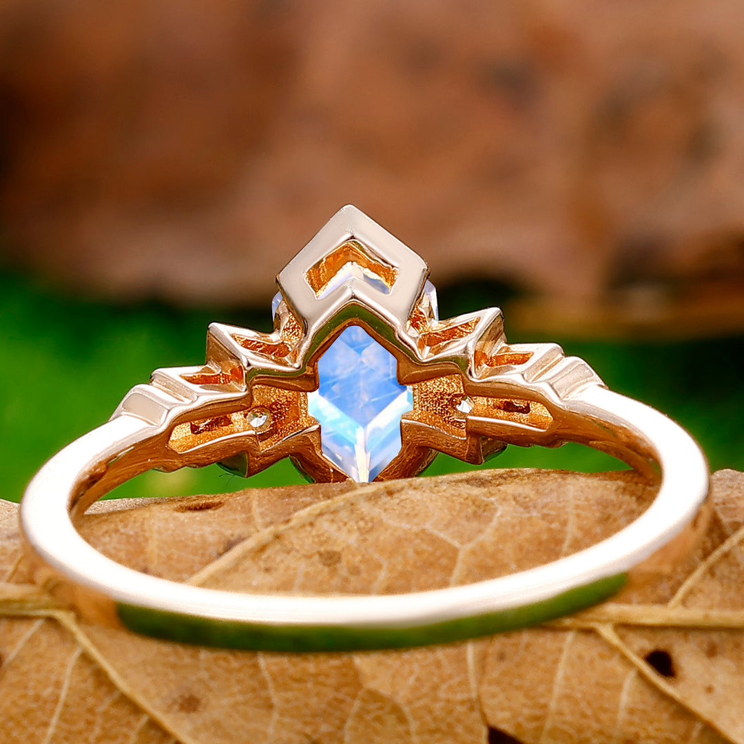 Unique 1.1CT Elongated Hexagon Cut Moonstone Ring Moissanite Inlay Engagement Bridal Ring