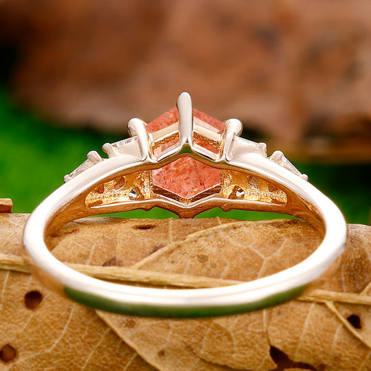 Antique Hexagon Cut Natural Sunstone Ring Triangle Moissanite Inlay Wedding Ring