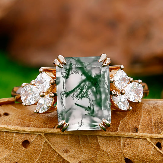 Vintage 3.5CT Emerald Cut Moss Agate Ring Prong Setting Moissanite Inlay Women Ring