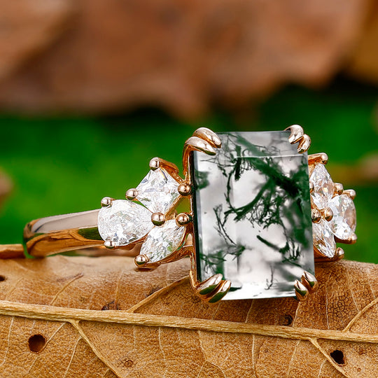 Vintage 3.5CT Emerald Cut Moss Agate Ring Prong Setting Moissanite Inlay Women Ring