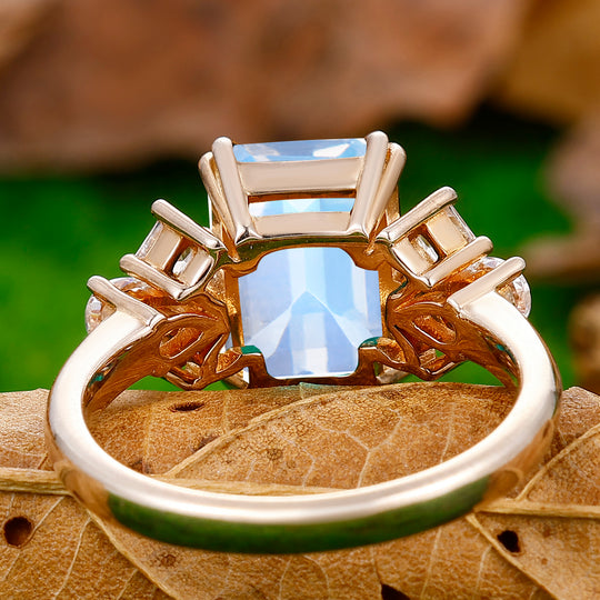 Retro 3.5CT Emerald Cut Moonstone Ring Prong Setting Moissanite Inlay Bridal Ring