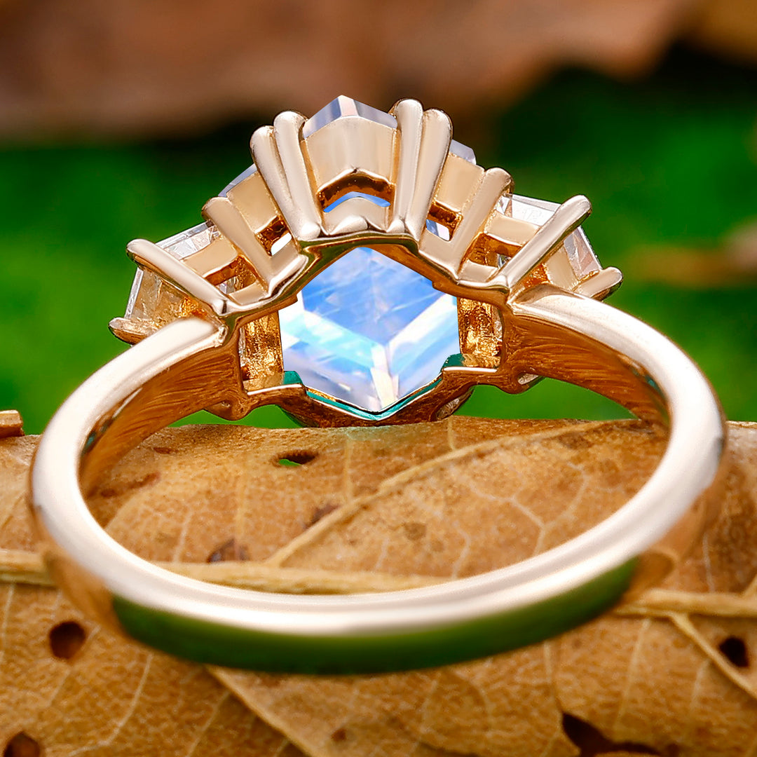 Long Hexagon Cut Moonstone Double Prongs Ring Cadillac Cut Moissanite Inlay Ring