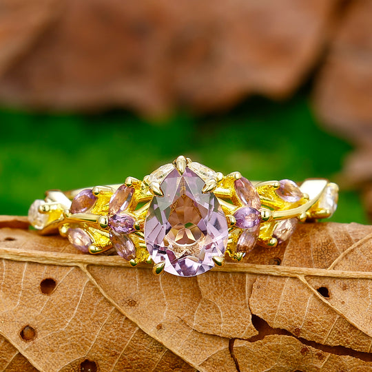 Art Deco 1.3CT Pear Cut Natural Amethyst Leaf Engagement Ring Amethyst And Moissanite Inlaid Unique Bridal Ring