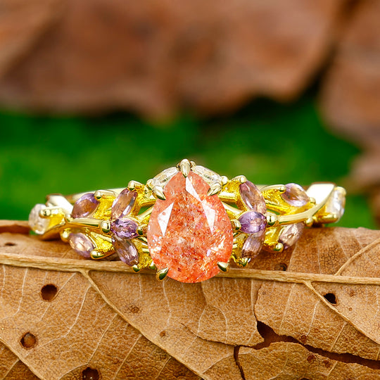 Colorful 1.3CT Pear Cut Sunstone Engagement Ring Amethyst Moissanite Inlay Leaf Ring