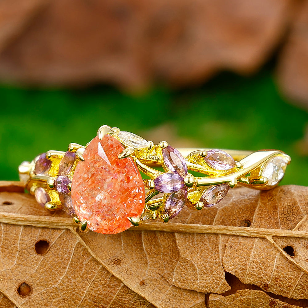 Colorful 1.3CT Pear Cut Sunstone Engagement Ring Amethyst Moissanite Inlay Leaf Ring