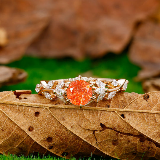 Unique Hollow Branches 0.8CT Round Cut Sunstone Engagement Ring Women Birthday Ring