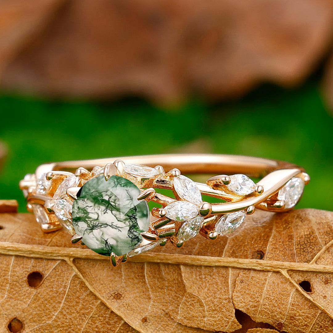 Art Deco Hollow Branches 0.8CT Round Cut Moss Agate Engagement Ring Women Birthday Ring