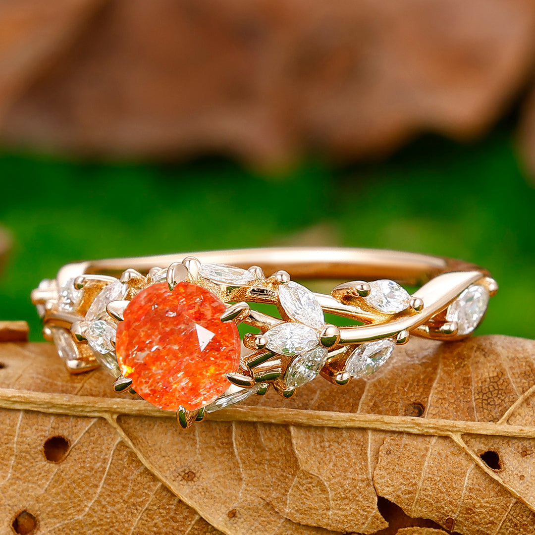 Unique Hollow Branches 0.8CT Round Cut Sunstone Engagement Ring Women Birthday Ring