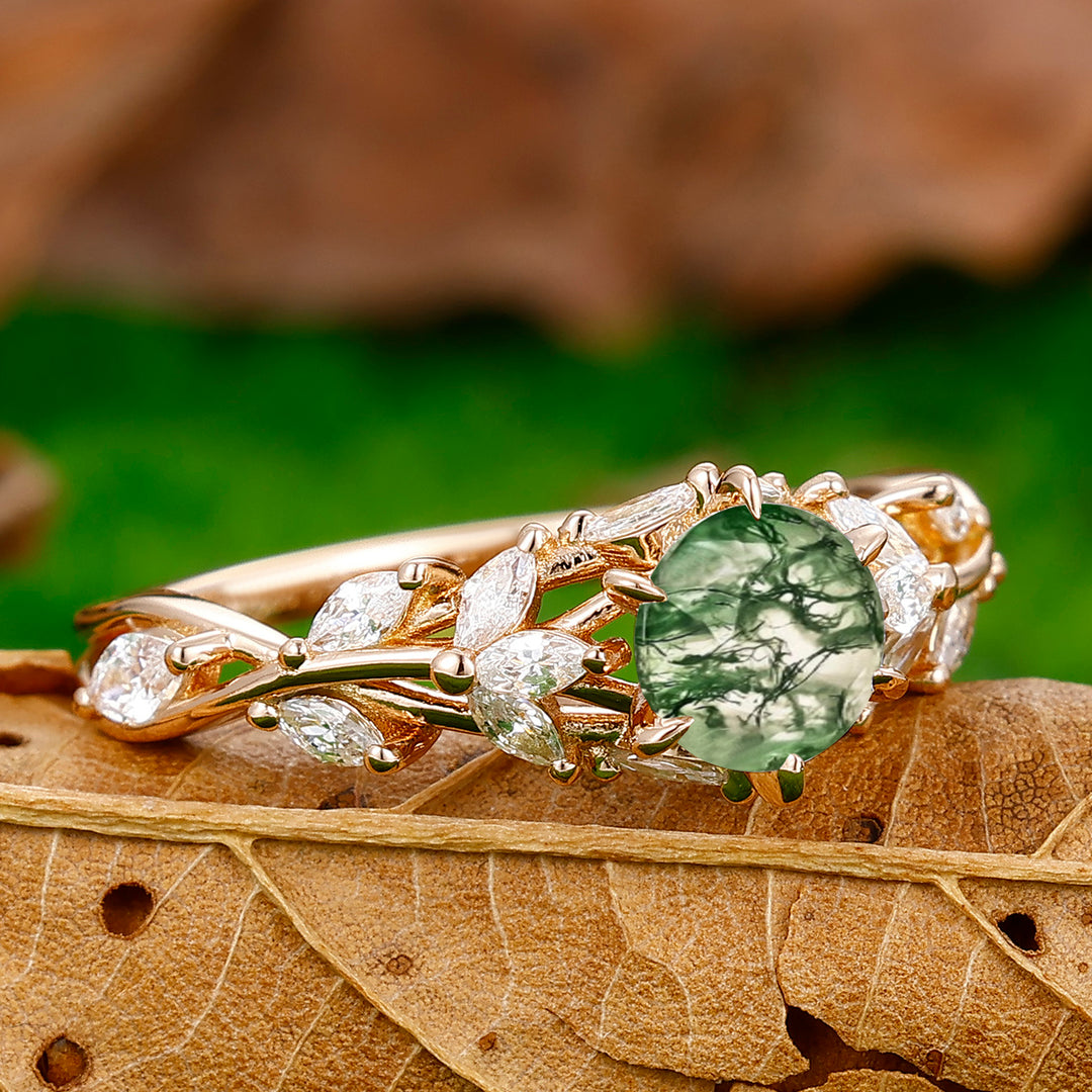 Art Deco Hollow Branches 0.8CT Round Cut Moss Agate Engagement Ring Women Birthday Ring