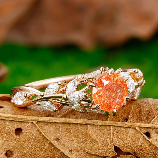 Unique Hollow Branches 0.8CT Round Cut Sunstone Engagement Ring Women Birthday Ring