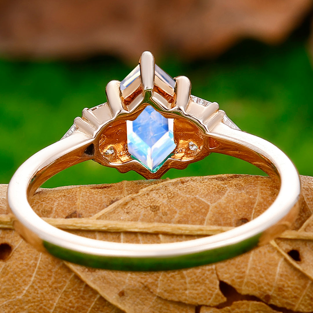 Unique 1.1CT Long Hexagon Cut Moonstone Prongs Ring Gift For Women