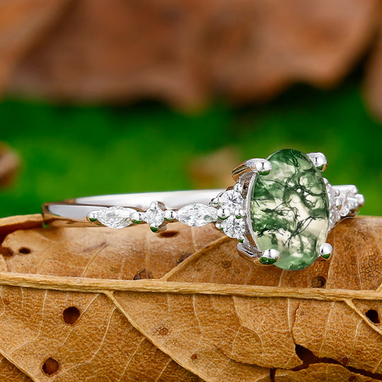 Retro Prong Setting Oval Cut Moss Agate Engagement Ring Women Wedding Ring