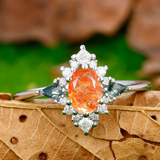 Brilliant Floral Cluster 0.8CT Oval Cut Sunstone Engagement Ring For Bridal Gift