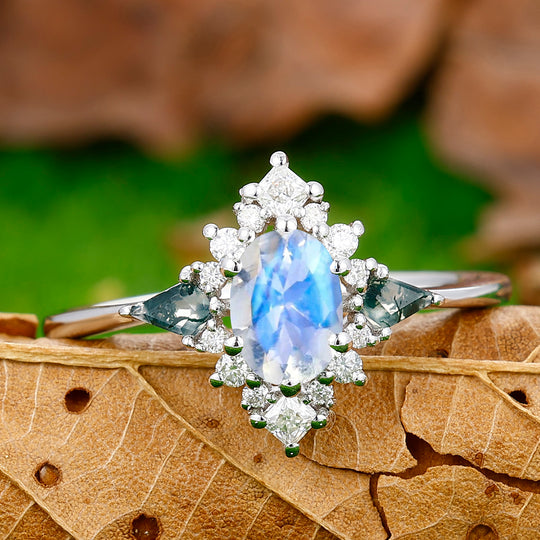 Retro Floral Cluster 0.8CT Oval Cut Moonstone Engagement Ring For Anniversary Gift