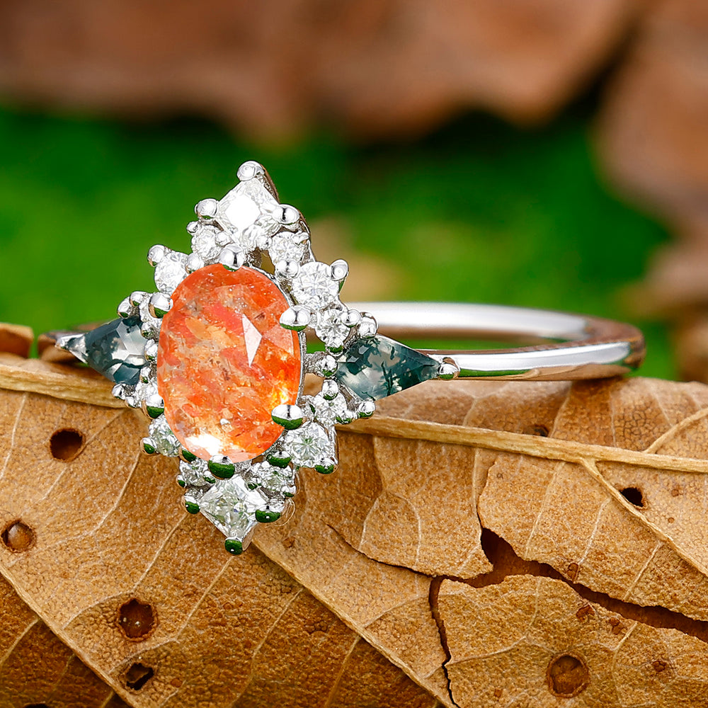 Brilliant Floral Cluster 0.8CT Oval Cut Sunstone Engagement Ring For Bridal Gift