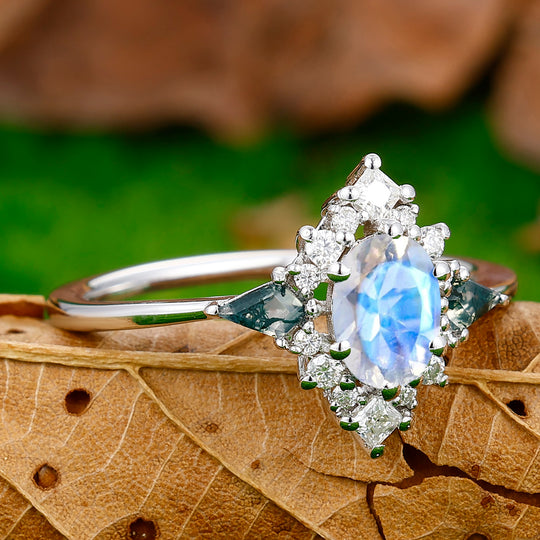 Retro Floral Cluster 0.8CT Oval Cut Moonstone Engagement Ring For Anniversary Gift