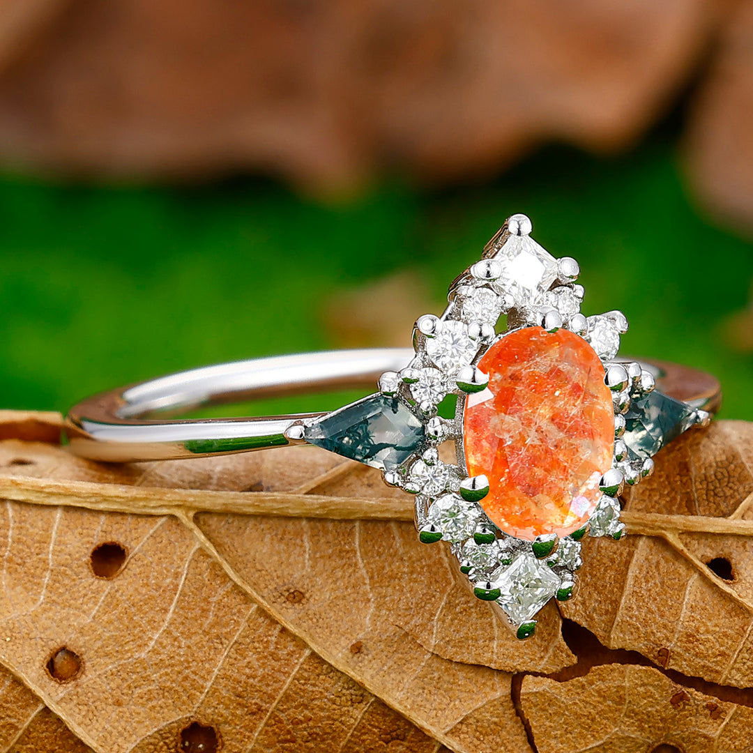 Brilliant Floral Cluster 0.8CT Oval Cut Sunstone Engagement Ring For Bridal Gift