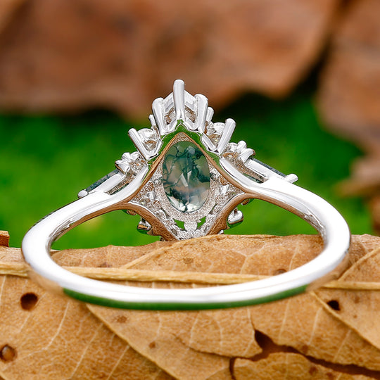 Antique 0.8CT Oval Cut Natural Moss Agate Engagement Cluster Ring Moissanite Inlay Anniversary Ring