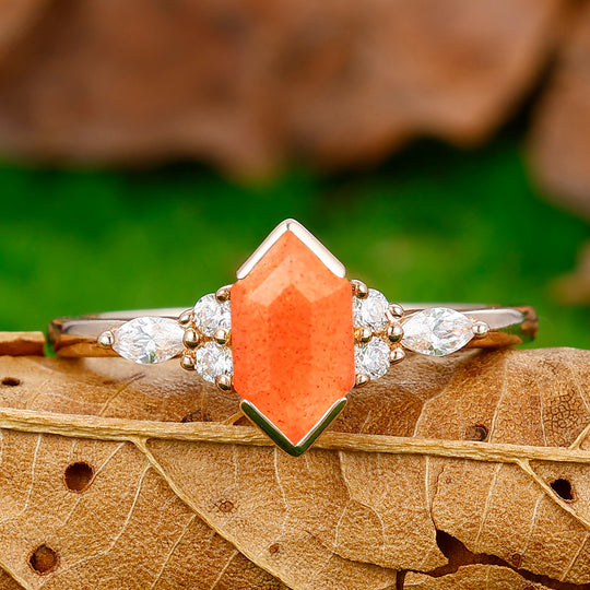 Brilliant Long Hexagon Cut Sunstone Ring Moissanite Inlay Engraving Ring