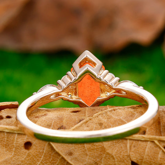 Brilliant Long Hexagon Cut Sunstone Ring Moissanite Inlay Engraving Ring