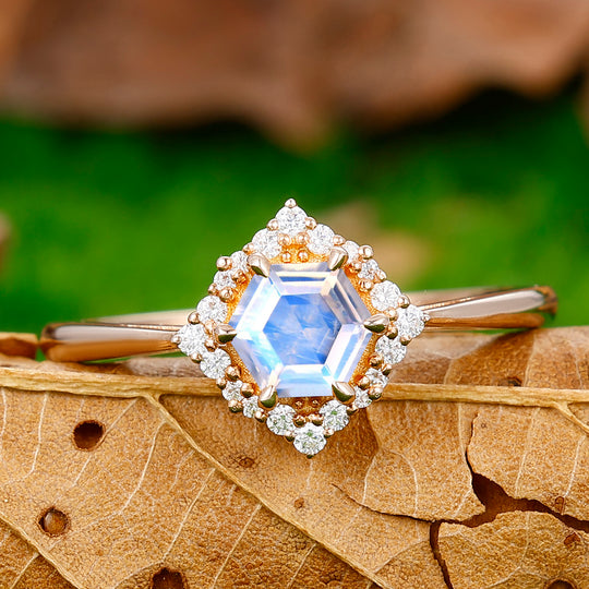 Retro 0.55CT Hexagon Cut Floral Moonstone Engagement Ring Deco Milgrain Moissanite Ring