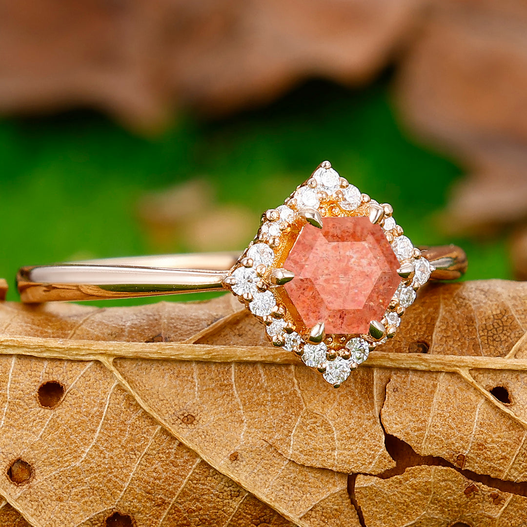 Dainty 0.55CT Hexagon Cut Floral Sunstone Ring Milgrain Moissanite Anniversary Ring