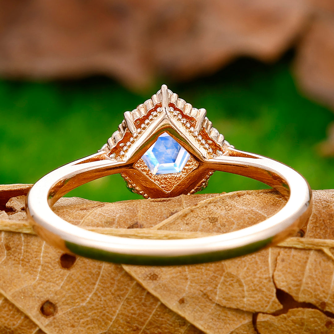 Retro 0.55CT Hexagon Cut Floral Moonstone Engagement Ring Deco Milgrain Moissanite Ring